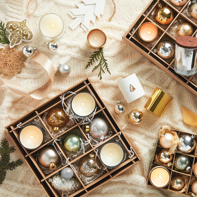 Thymes Frasier Fir Votive Candles - Gilded Collection - Crisp Just-Cut Forest Fragrance - Set of Three Holiday Candles - Wood Grain, Gold, and White - Gifts for Women & Men (3 oz Each, Pack of 3) - Image 4